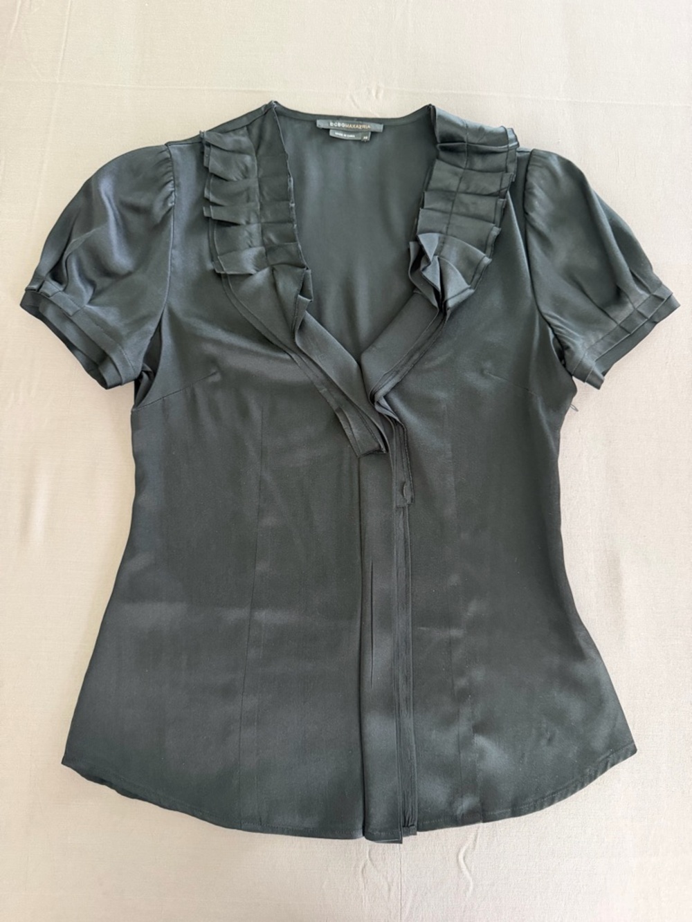 BCBGMaxAzria Black Short-Sleeve Ruffle V-Neck Blouse